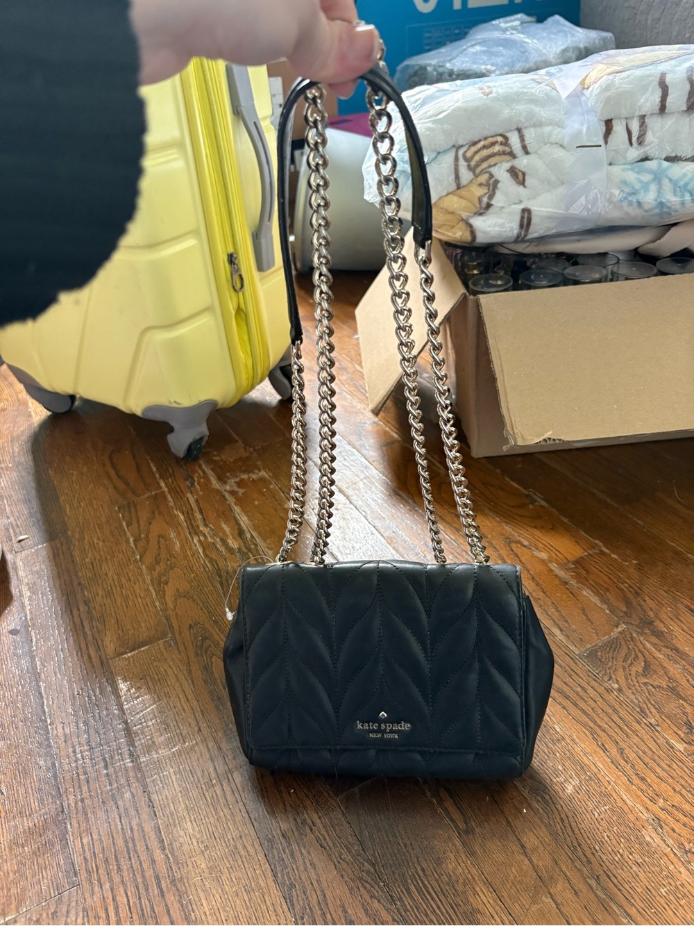 kate spade Briar Lane quilted mini Emelyn bag.  leather with silver chain